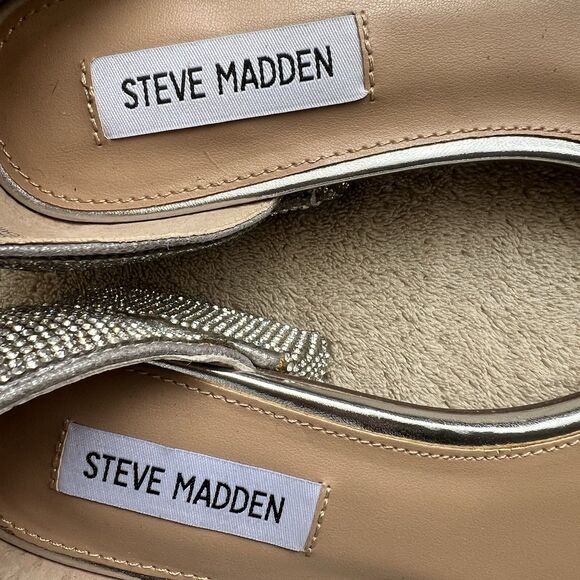 Steve Madden Nava Rhinestone Low Heel Silver Sandal Women 8 M Ankle Strap Square - Picture 13 of 15